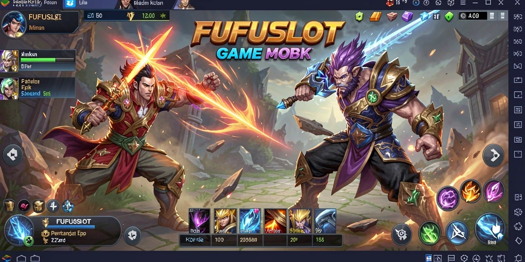 Screenshot gameplay FUFUSLOT yang menampilkan aksi pertarungan tim MOBA.