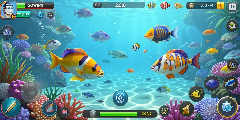 Gameplay seru GOWIN dengan tangkapan ikan yang beragam.