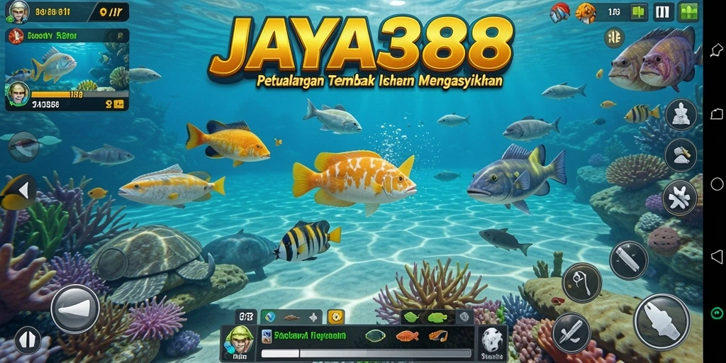 Tampilan gameplay seru di JAYA388 dengan banyak ikan dan senjata.