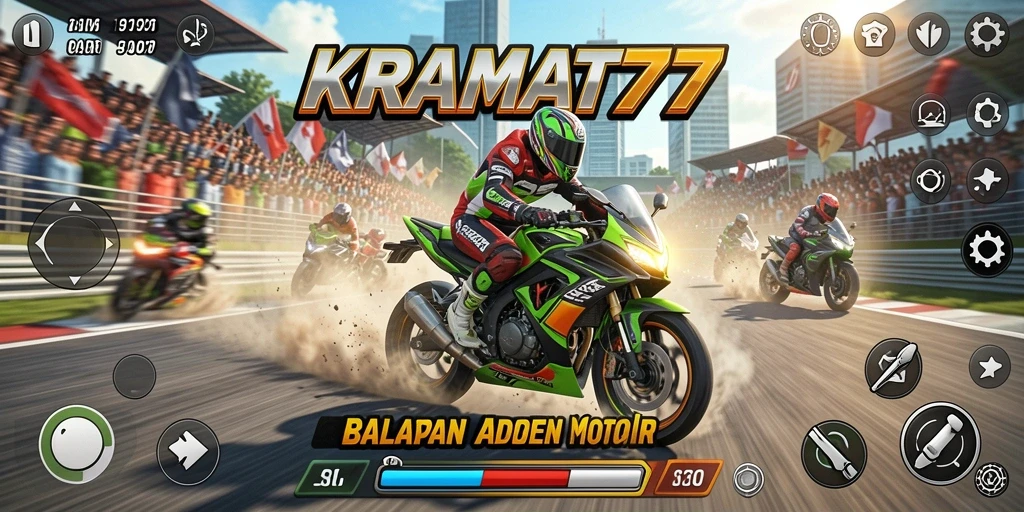 Tampilan gameplay KRAMAT77 yang penuh aksi balapan motor.