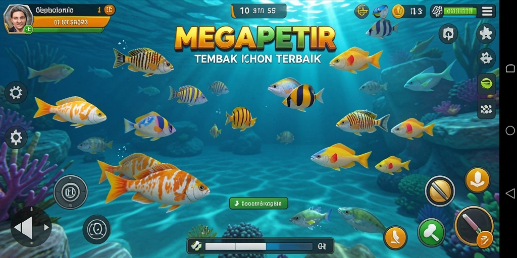 Tampilan gameplay seru di MEGAPETIR yang menembak ikan.