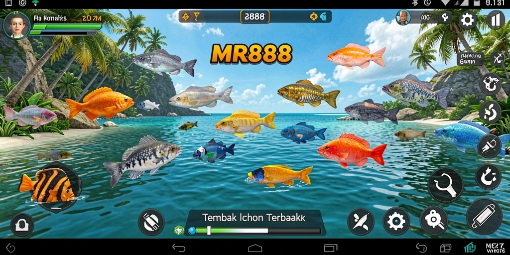 Tampilan layar gameplay seru dari MR888 yang menampilkan aksi Tembak Ikan.