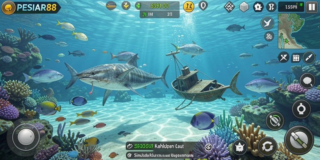 Tampilan gameplay PESIAR88 yang menakjubkan dengan simulasi kehidupan laut.