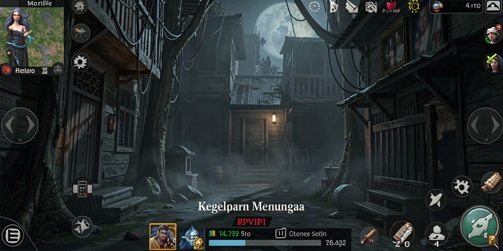 Tangkapan layar dari gameplay RPVIP1 menunjukkan suasana mencekam dan kegelapan yang misterius.