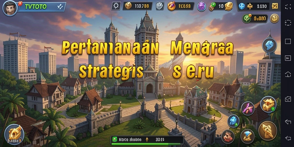 Screenshot utama TVTOTO menunjukkan aksi pertahanan menara yang epik.